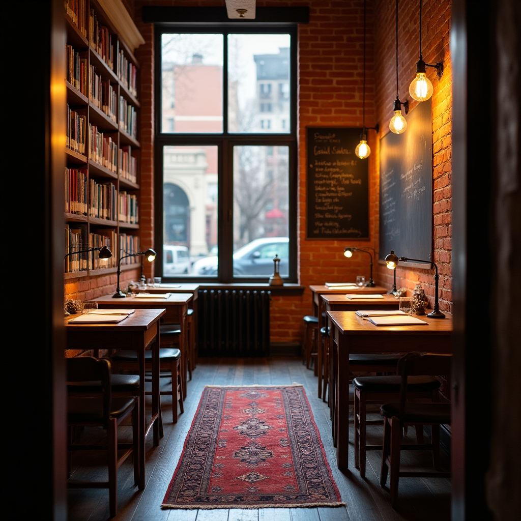 Cozy interior writing space in Chicago with exposed brick, warm lighting, and writing desks