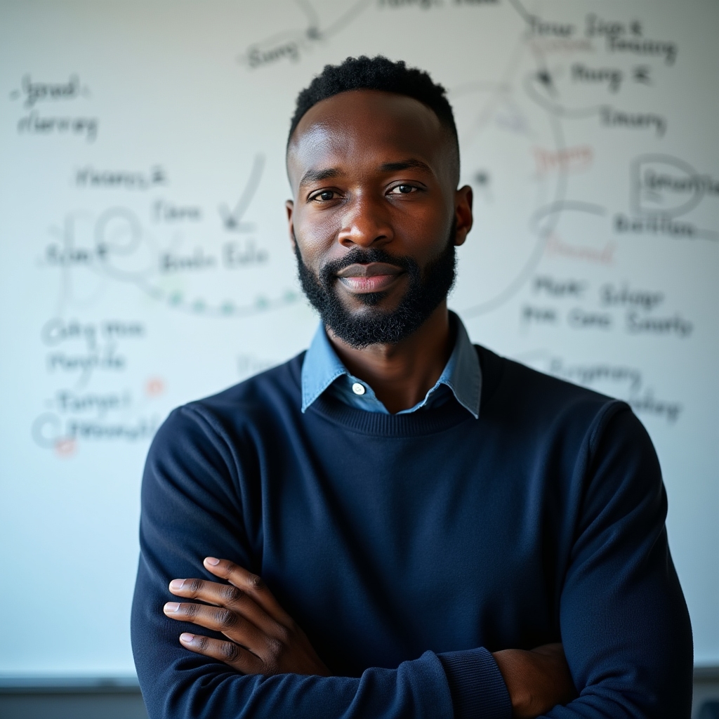 Male writing instructor in his late 30s, thoughtful expression, standing in front of a whiteboard with story notes