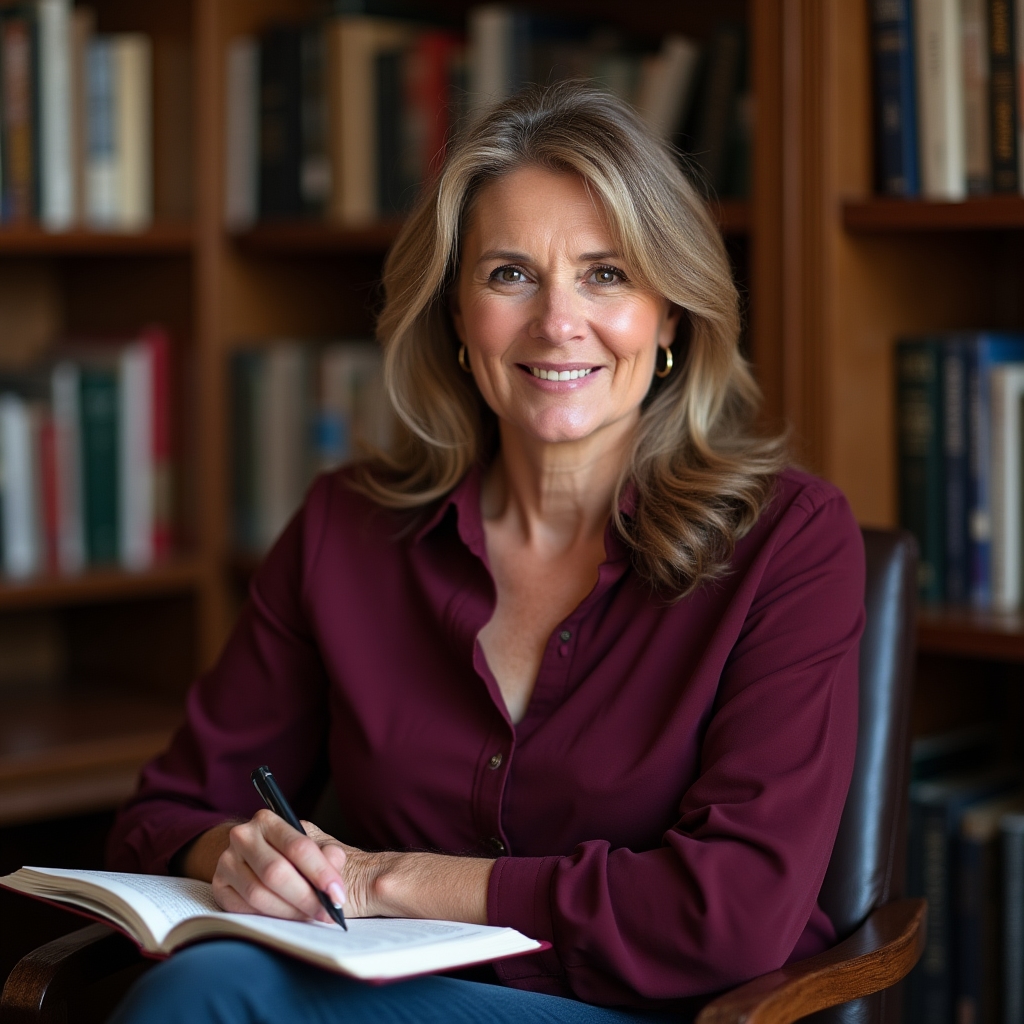 Female writing instructor in her 40s with warm expression, seated in a book-filled study
