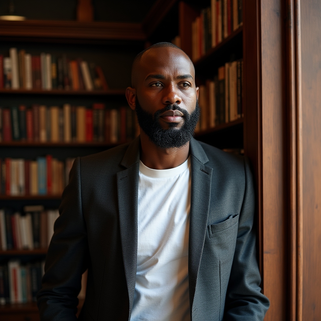 Male writing instructor in his mid 40s, confident demeanor, leaning against a wall of books in a library