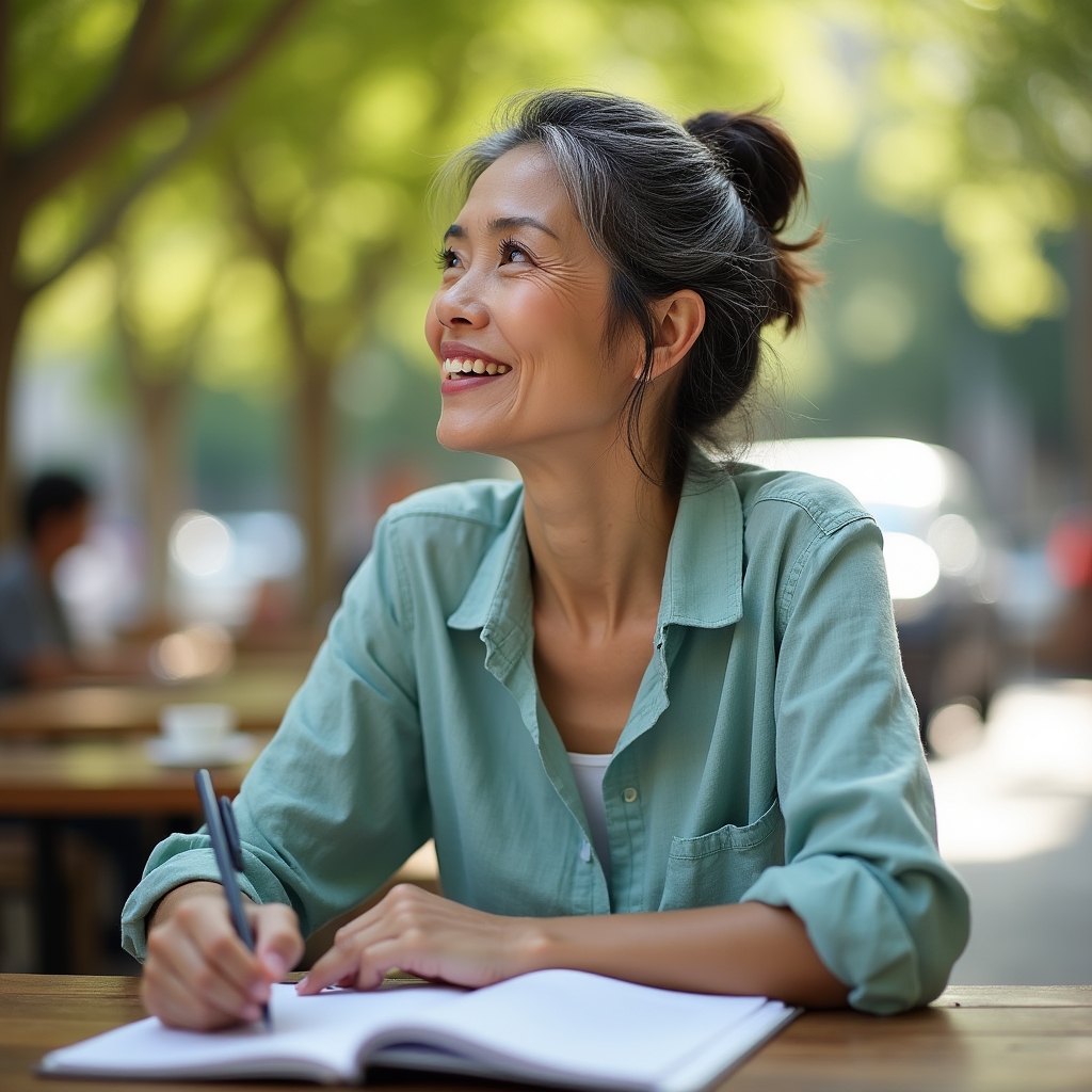 Female writing instructor in her early 50s, relaxed smile, sitting outdoors with notebook in hand