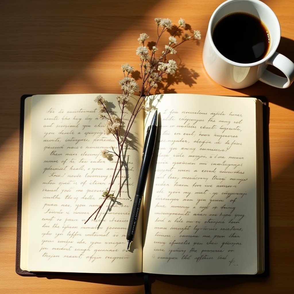 Open journal with handwritten pages beside a morning coffee cup on a wooden desk