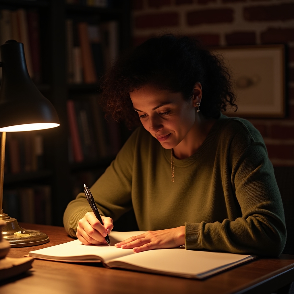 Adult writer working at desk with warm lamp light, notebook open